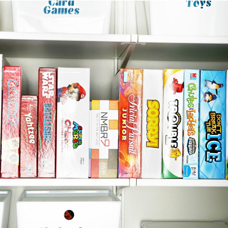 Organized Board Games Stored Vertically on a Shelf