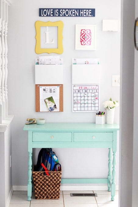 Aqua paint colors can be tough to sort through to find the perfect blend of blue and green for your space, so I'm sharing my 10 favorite aqua paint colors that will make any room feel soothing and serene! | #aqua #aquapaintcolors #aquapaint #mintpaint #mintpaintcolors #paintcolors #bestpaintcolors , Command Center Desk in Behr Marquee Aquifer