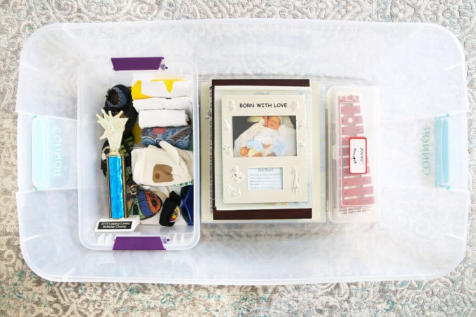 Bin of Sentimental Items, Organize kids' school papers and memorabilia by creating a simple system that eliminates clutter while still preserving your special memories! | #paperwork #organizedpaperwork #kidspaperwork #schoolpapers #kidspapers #organization #organized