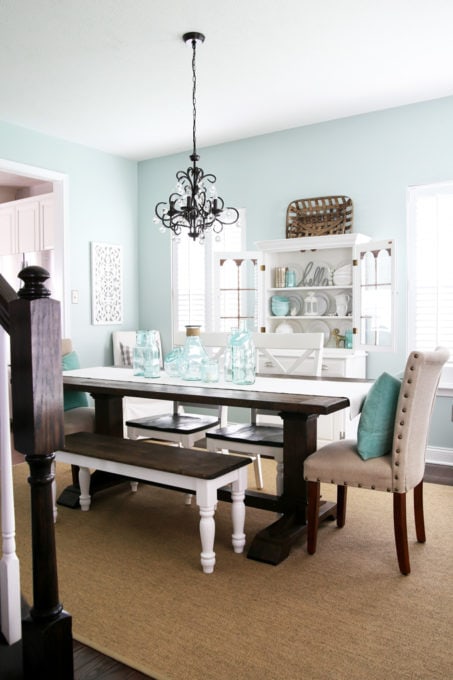 Aqua paint colors can be tough to sort through to find the perfect blend of blue and green for your space, so I'm sharing my 10 favorite aqua paint colors that will make any room feel soothing and serene! | #aqua #aquapaintcolors #aquapaint #mintpaint #mintpaintcolors #paintcolors #bestpaintcolors , Dining Room in Sherwin Williams Rainwashed