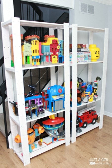 side view of large toys on our new IKEA shelves