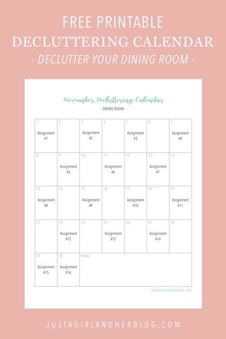 Free Printable Decluttering Calendar- Dining Room