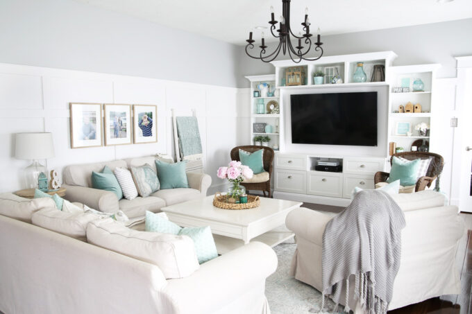 Tidy, organized living room with lots of white