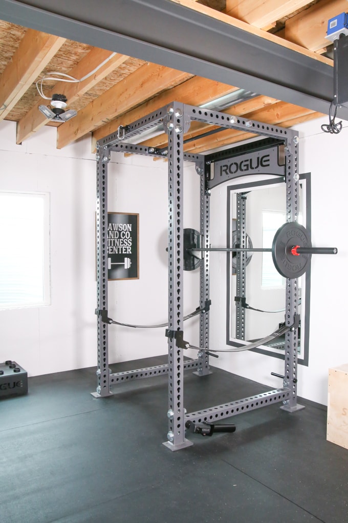 Rogue Fitness Weight Rack in a Basement Home Gym
