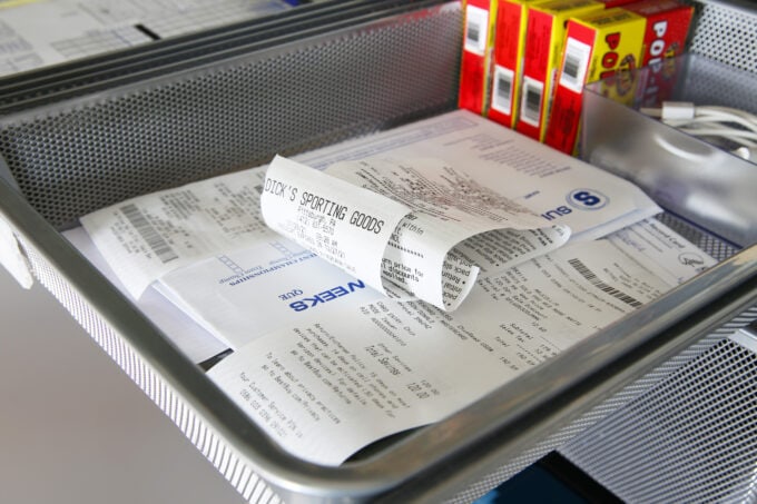Receipts in a mesh drawer