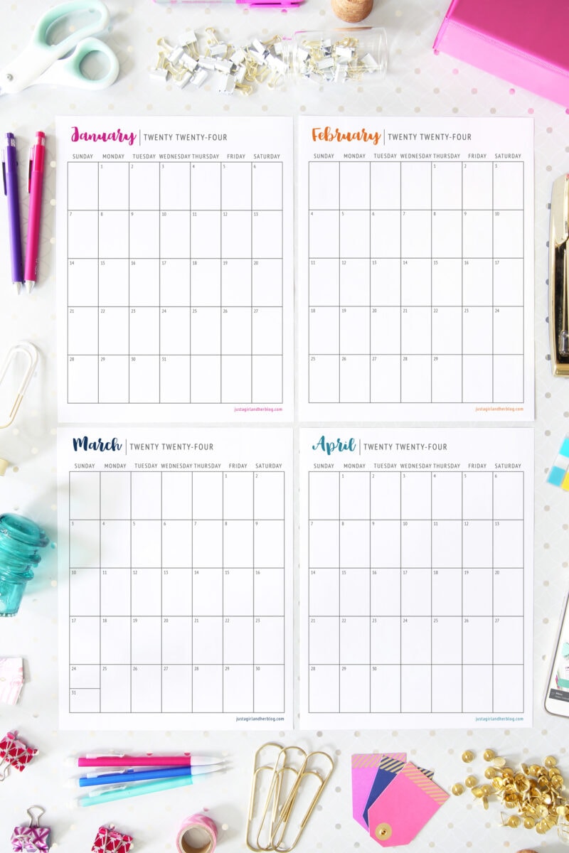 January, February, March, and April 2024 Free Printable Calendars