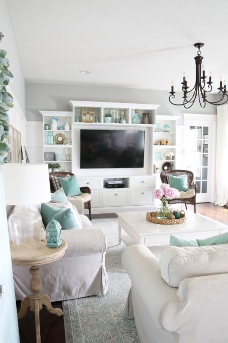 Neutral and Aqua Living Room with IKEA BESTA Entertainment Unit