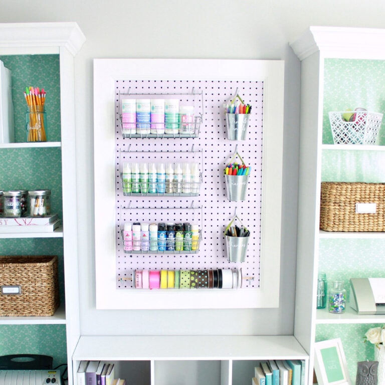 Organized Pegboard Holding Craft Supplies in a Home Office