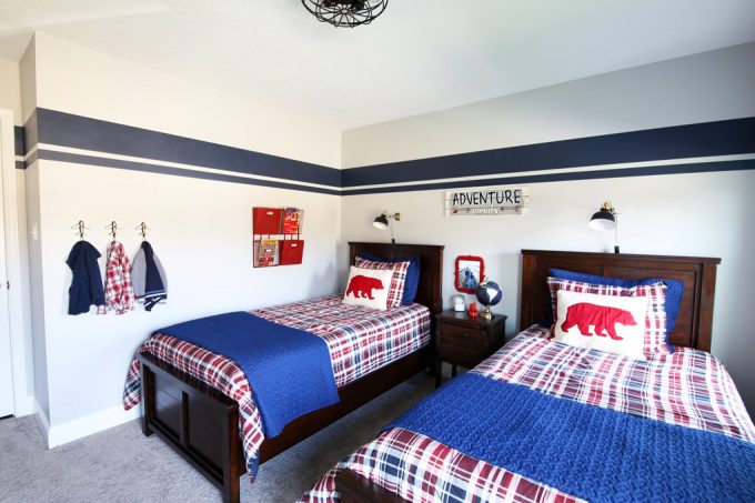 Wall storage in a shared boys' bedroom