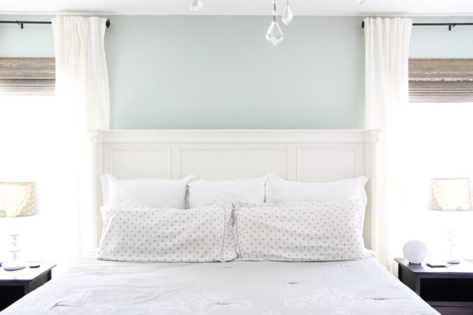 Aqua paint colors can be tough to sort through to find the perfect blend of blue and green for your space, so I'm sharing my 10 favorite aqua paint colors that will make any room feel soothing and serene! | #aqua #aquapaintcolors #aquapaint #mintpaint #mintpaintcolors #paintcolors #bestpaintcolors , Sherwin Williams Sea Salt in a Master Bedroom