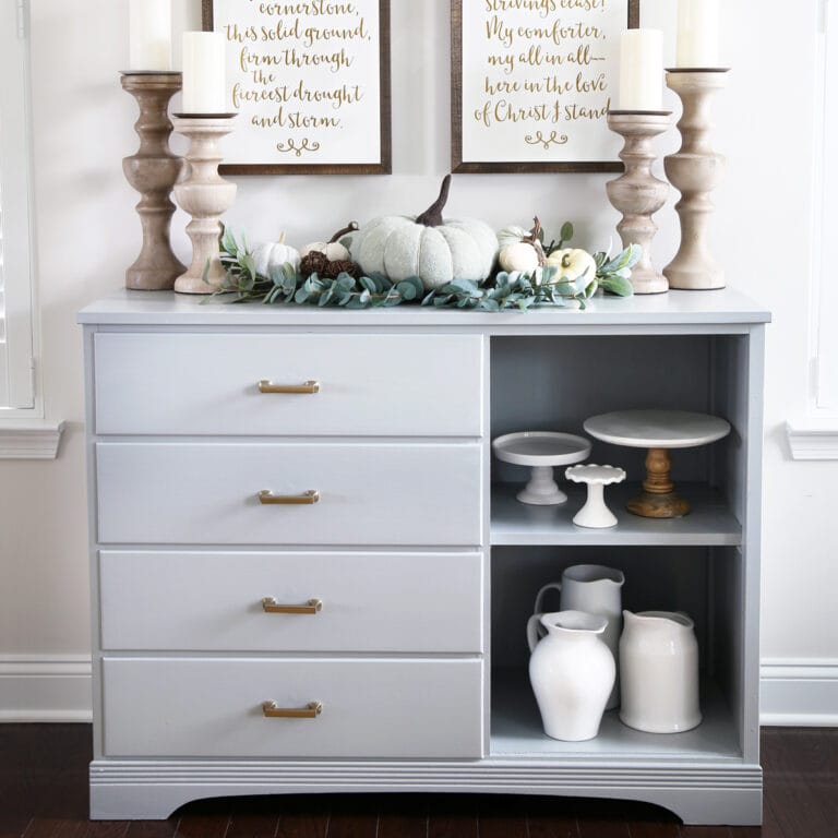 Dresser turned into a gray dining room sideboard