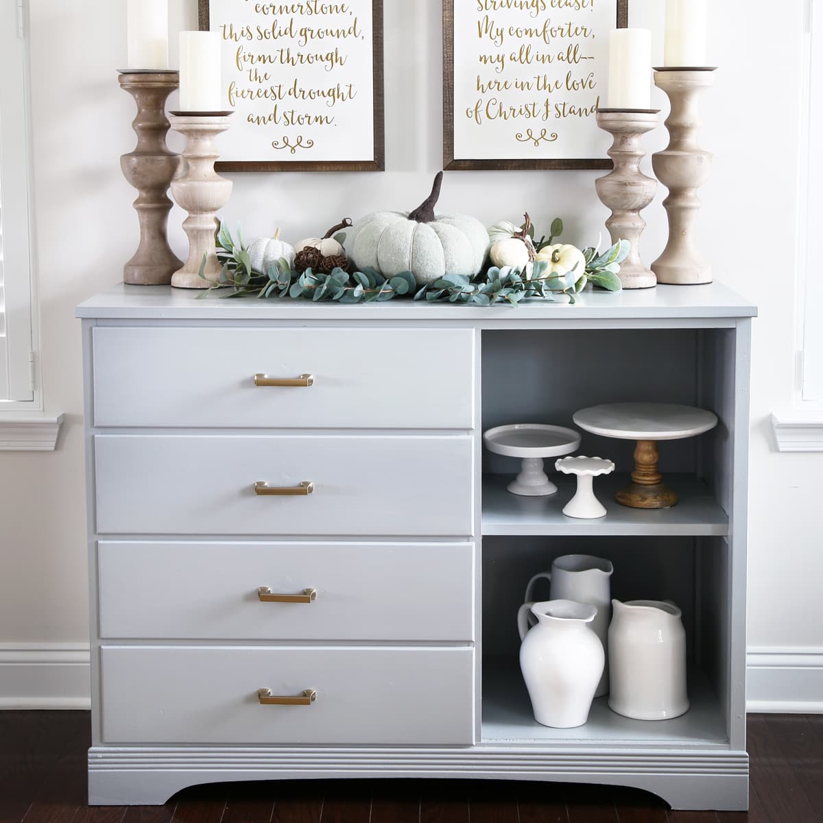 Dresser turned into a gray dining room sideboard