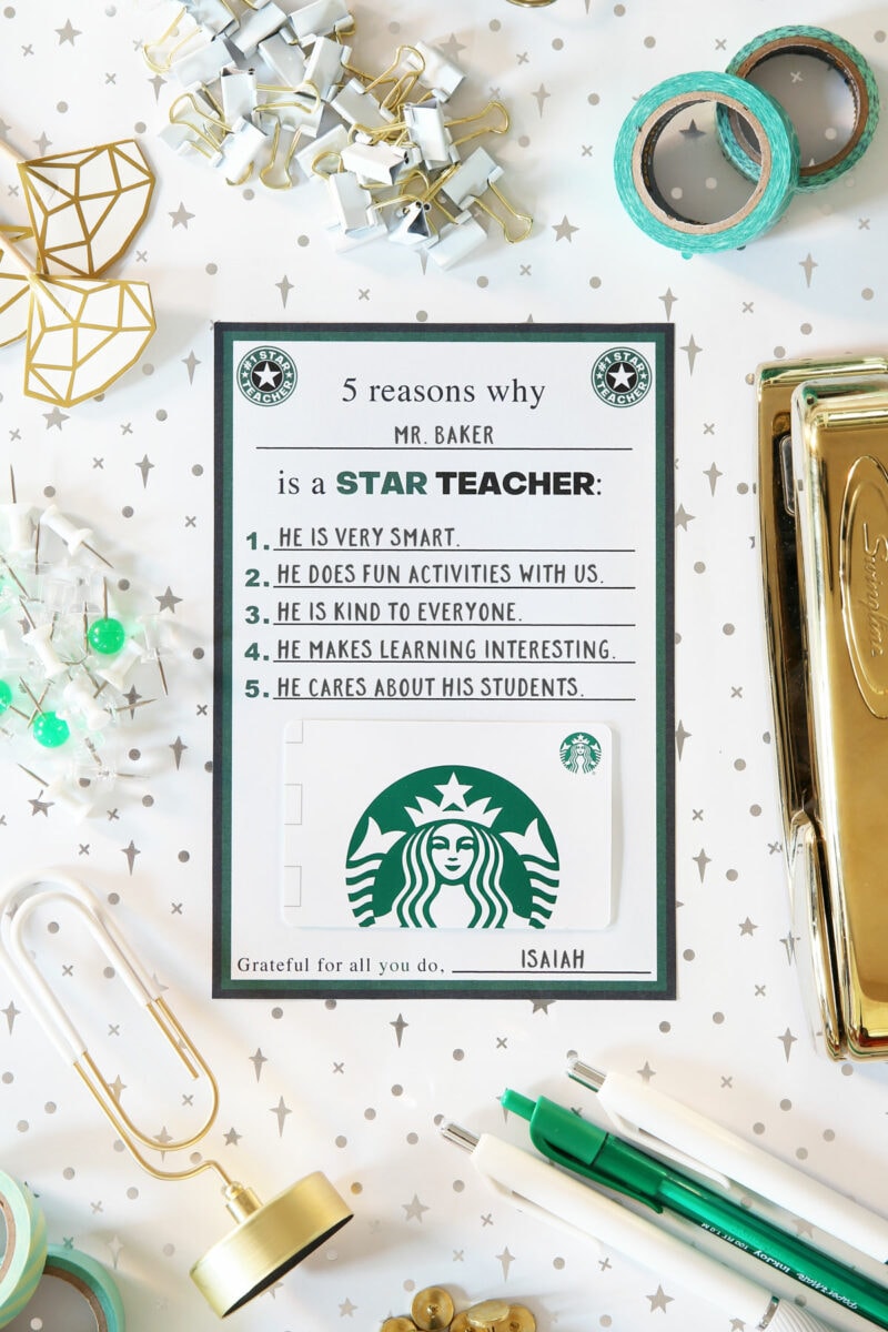Starbuck Teacher Gifts with Free Printable Gift Card Holder