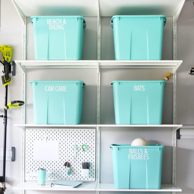 Aqua Storage Bins in an Organized Garage