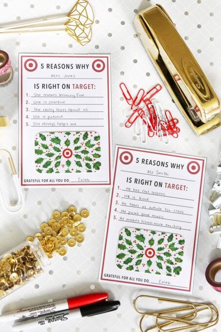 Target gift cards on a free printable for a meaningful Target teacher gift
