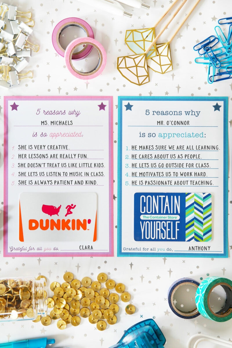 Teacher Appreciation Gifts with Free Printable Gift Card Holders