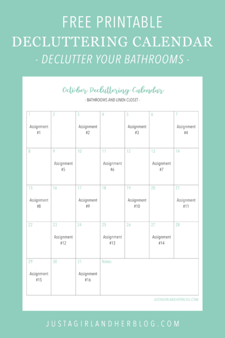 Free Printable Decluttering Calendar- Bathrooms