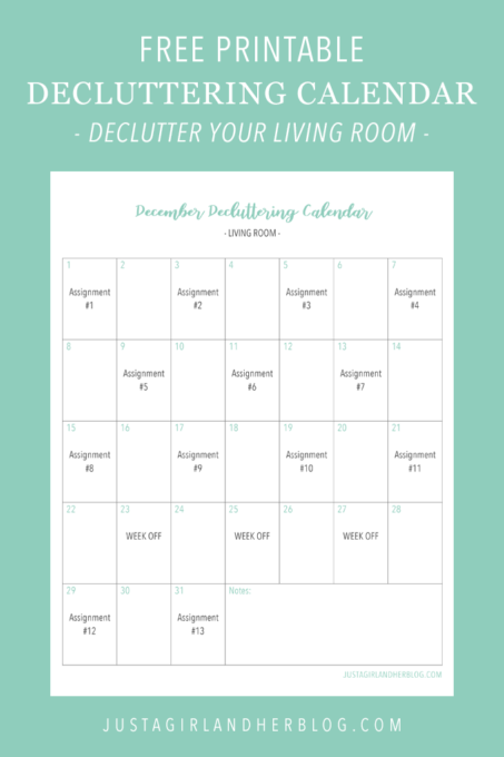 Free Printable Decluttering Calendar- Living Room